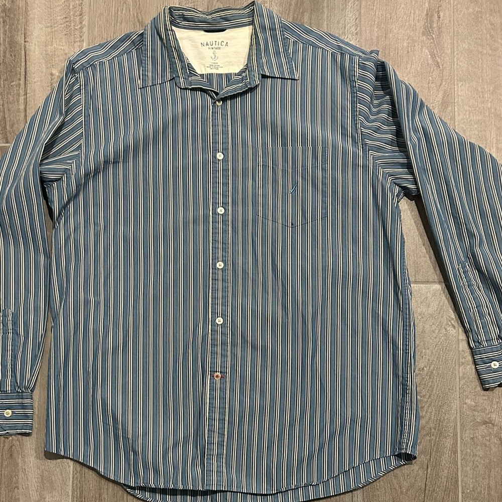 Nautica Vintage Men’s Striped Cotton Shirt Size L– Classic Long Sleeve 46”Chest